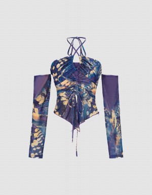 Urban Revivo Printed Off-Shoulder Overhead Women's Blouse Purple Multicolor | UQZ3637KD