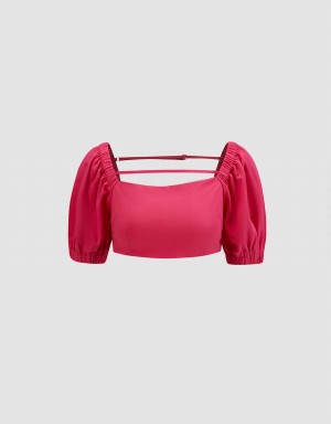 Urban Revivo Puff Sleeve Crop Top Women's T Shirts Red | TXU2397QU