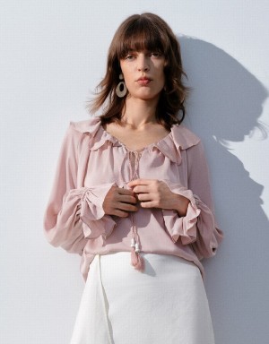 Urban Revivo Raglan Sleeve Ruffle Overhead Women's Blouse Pink | SWE9686AI