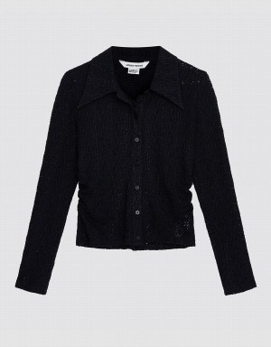 Urban Revivo Ruched Button Up Fitted Women's Shirts Black | FZH340ZW