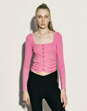 Urban Revivo Ruched Crew Neck Knitted Top Women's Shirts Pink | IJL9127MM