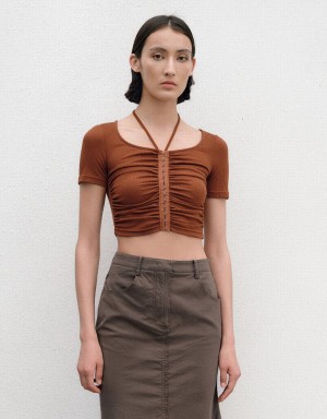 Urban Revivo Ruched U Neck Skinny Women's T Shirts Brown | BOR5999FL