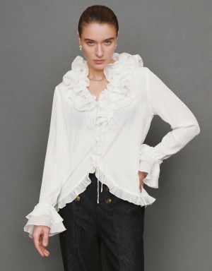 Urban Revivo Ruffle V-Neck Tie Front Women's Blouse White | OLU2244OD