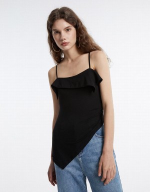 Urban Revivo Ruffled Asymmetric Women's Tank Top Black | TXI5350EN