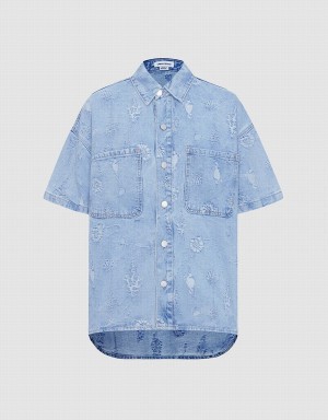 Urban Revivo Seashell Patched Pocket Denim Women's Shirts Blue | FTP1777ZD