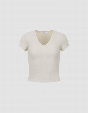 Urban Revivo Skinny V-Neck Knitted Women's T Shirts Khaki | SUL4111VB