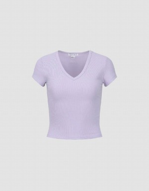 Urban Revivo Skinny V-Neck Knitted Women's T Shirts Purple | LAQ8654VT