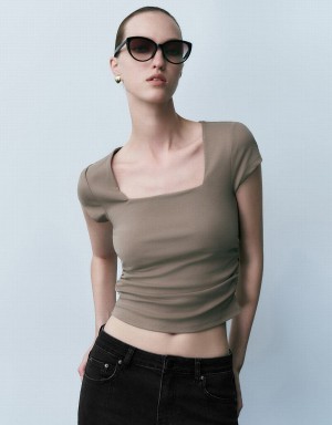 Urban Revivo Square-Cut Collar Skinny Knitted Women's T Shirts Khaki Brown | LKF869IO