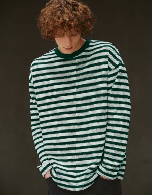 Urban Revivo Striped Sleeve Crew Neck Men's T Shirts Green | TWH1934IX