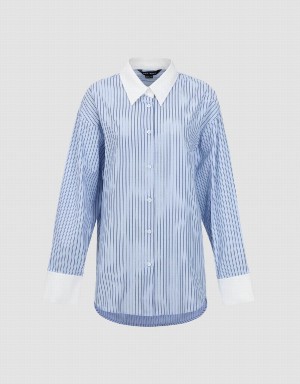 Urban Revivo Striped Button Up Lapel Women's Shirts Blue | BWQ498BL