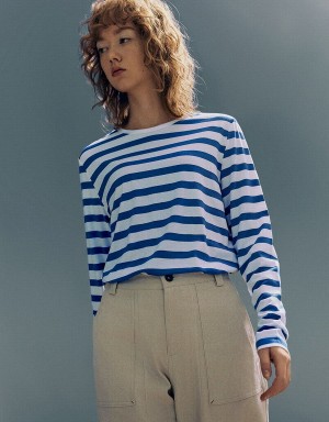 Urban Revivo Striped Crew Neck Knitted Women's T Shirts Blue | SWN9039XL