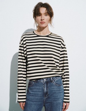 Urban Revivo Striped Crew Neck Loose Women's T Shirts Brown | CJN9894JS