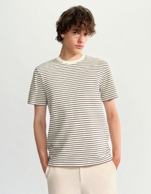 Urban Revivo Striped Crew Neck Men's T Shirts White | QKD4141TD