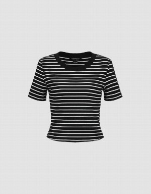 Urban Revivo Striped Crew Neck Skinny Women's T Shirts Black | GNF251WP