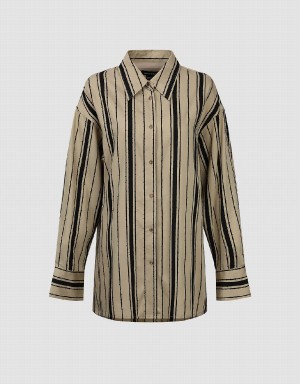 Urban Revivo Striped Straight Loose Women's Shirts Khaki | BTX7931QV