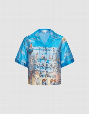 Urban Revivo Summer Landscape Women's Shirts Blue | VFL6499WJ