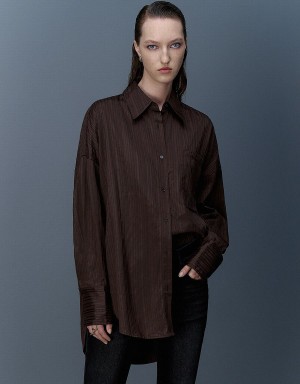 Urban Revivo Textured Button Up Oversized Women's Shirts Dark Brown | RHF603UL