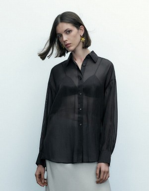 Urban Revivo Thin Button Up Loose Women's Shirts Black | KAX244XC