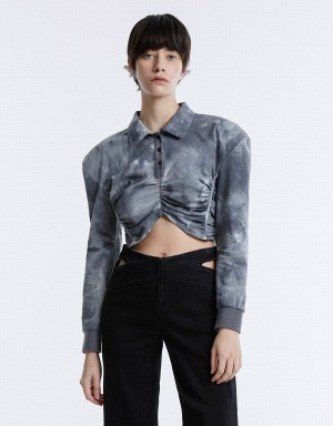 Urban Revivo Tie-Dye Ruched Crop Women's Blouse Grey | MFY3832DC