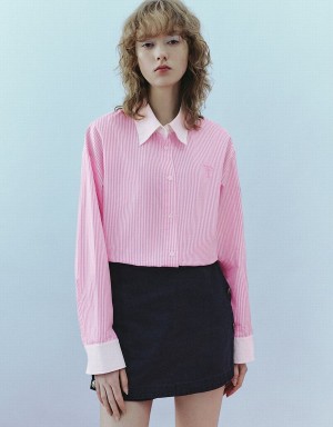 Urban Revivo Two Toned Striped Straight Women's Shirts Pink | WZC2877YR