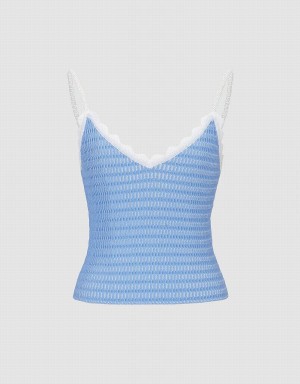 Urban Revivo V Neck Knitted Cami Women's Tank Top Blue | ONT6718FH