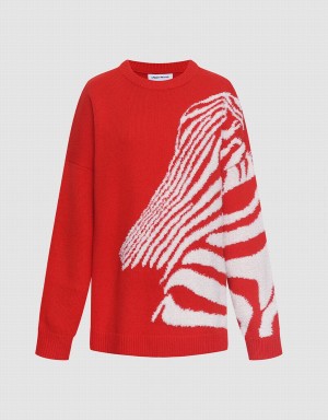 Urban Revivo Zebra Striped Crew Neck Women's Sweaters Red | EWJ525LA