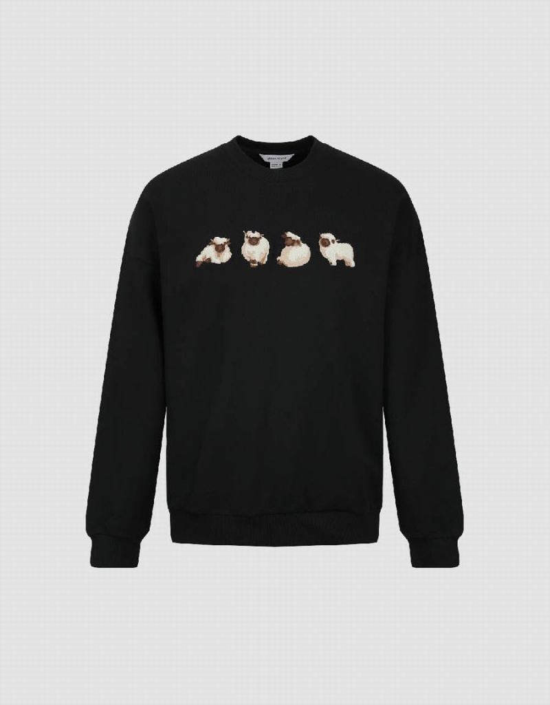 Urban Revivo Animals Printed Crew Neck Men's Sweatshirts Black | YIK1643ZR