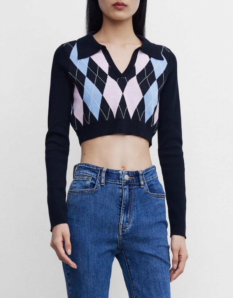 Urban Revivo Argyle Crop Checkered Women's Sweaters Blue | YYB1442HI