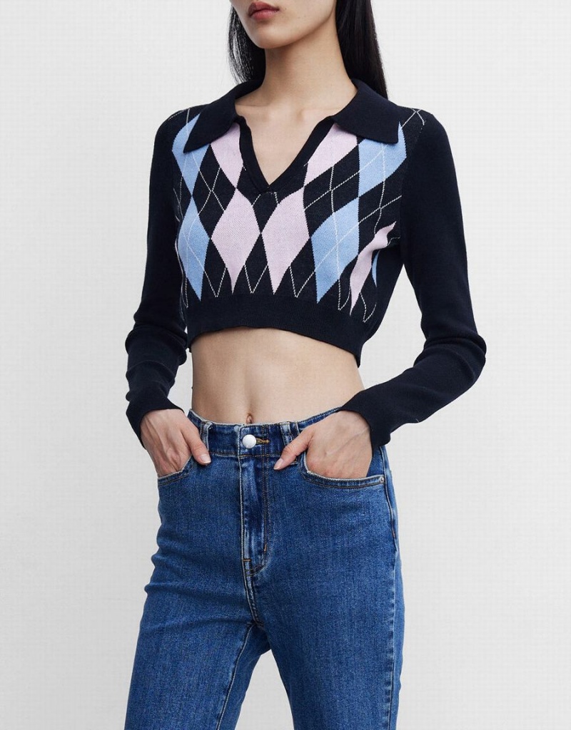 Urban Revivo Argyle Crop Checkered Women's Sweaters Blue | YYB1442HI