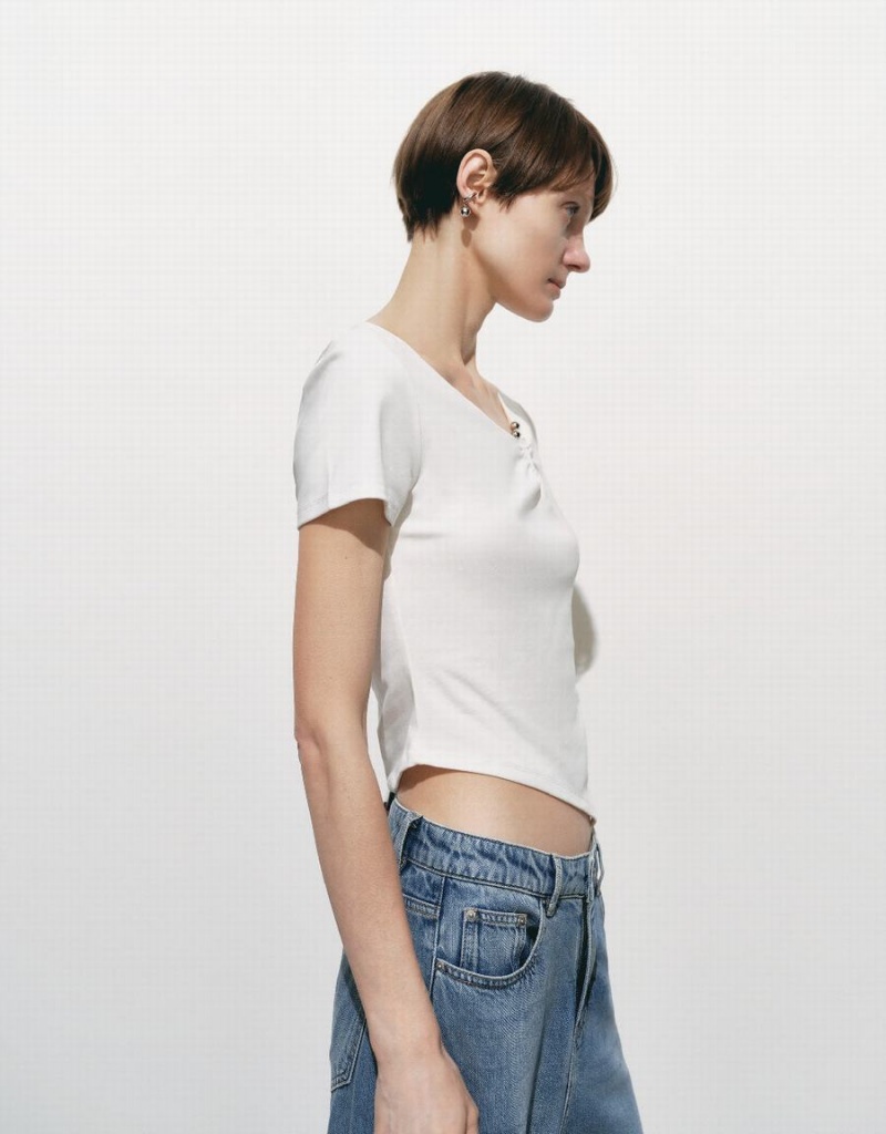 Urban Revivo Asymmetric Crew Neck Skinny Women's T Shirts White | DUU1929SQ