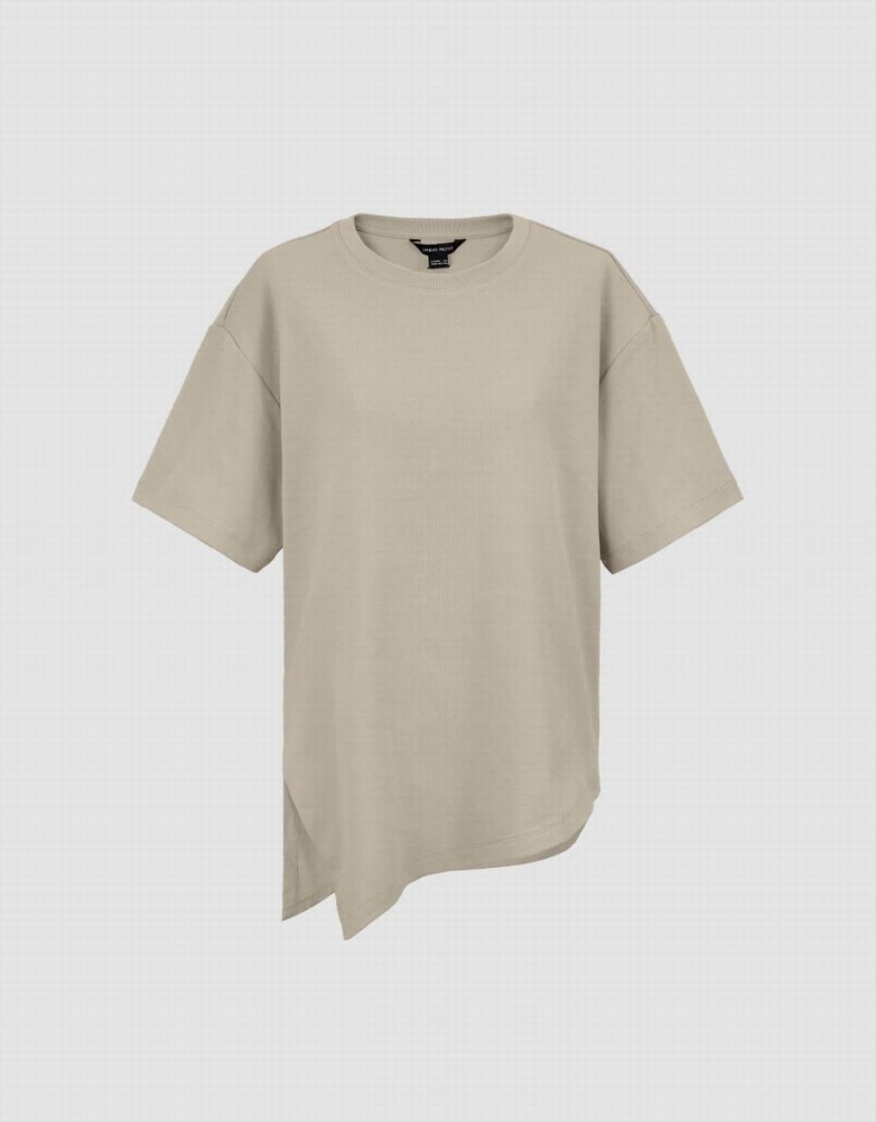 Urban Revivo Asymmetric Hem Crew Neck Knitted Women's T Shirts Khaki | GHQ1153EO