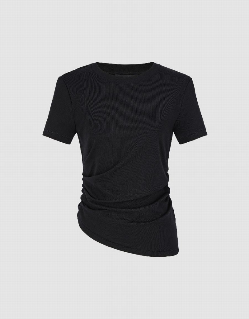 Urban Revivo Asymmetric Ruched Women's T Shirts Black | PHG5195AJ