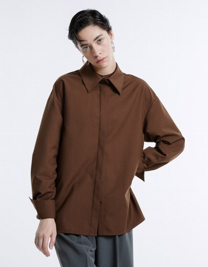 Urban Revivo Basic Button Up Women's Shirts Brown | ZOW4898RV