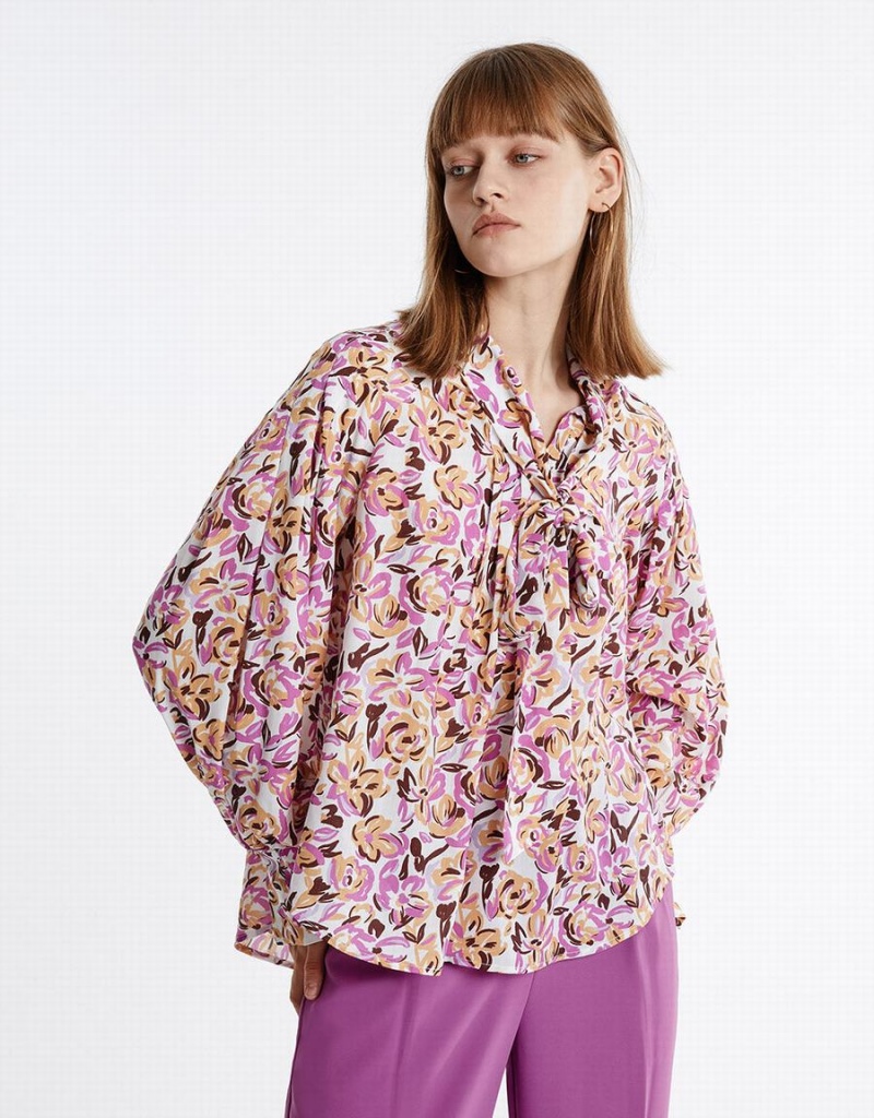 Urban Revivo Bow Detail Floral Women's Blouse Purple | PCL7897UK