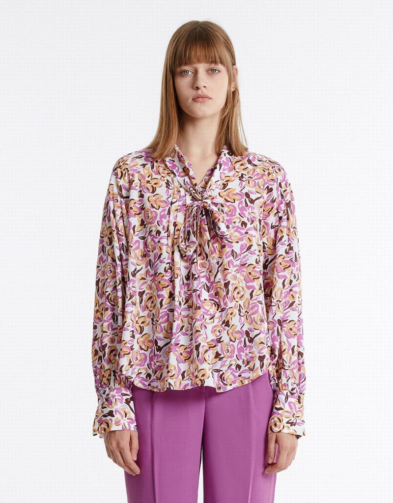 Urban Revivo Bow Detail Floral Women's Blouse Purple | PCL7897UK