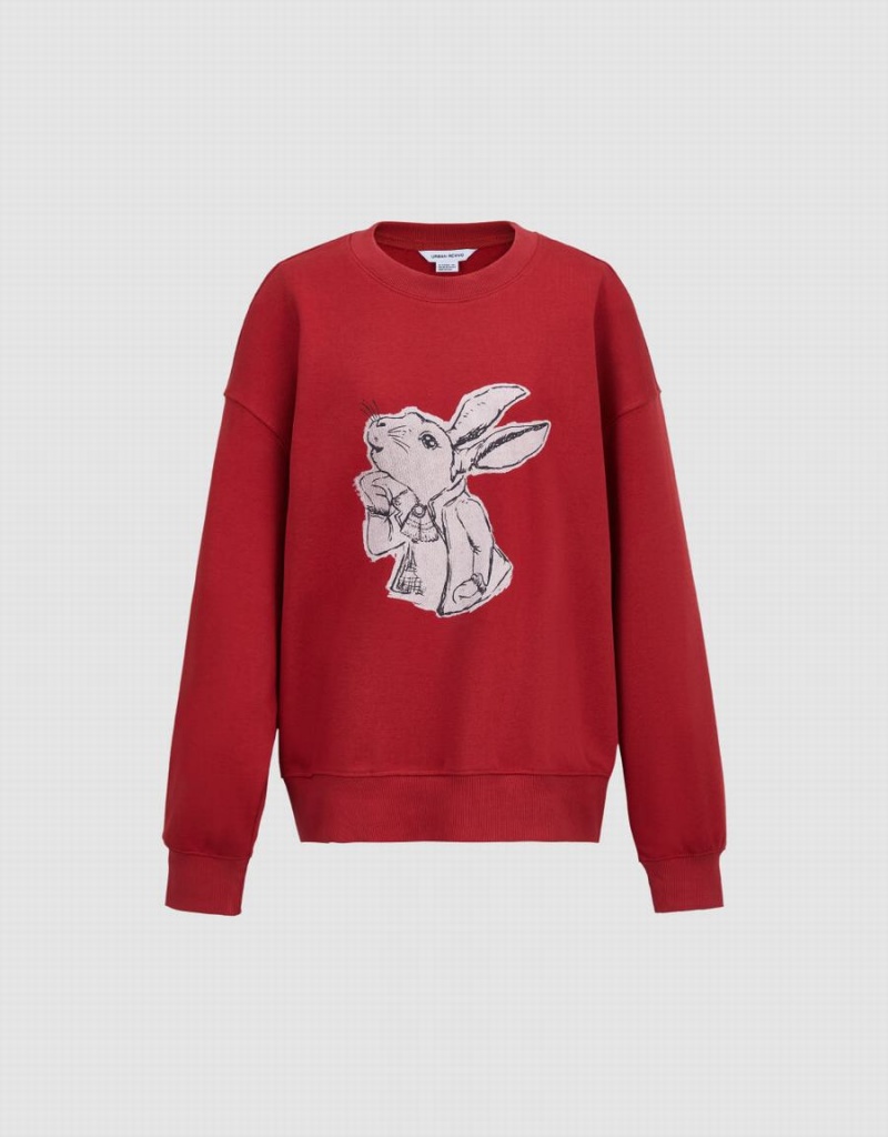 Urban Revivo Bunny Print Women\'s Sweatshirts Red | YXQ8742NP