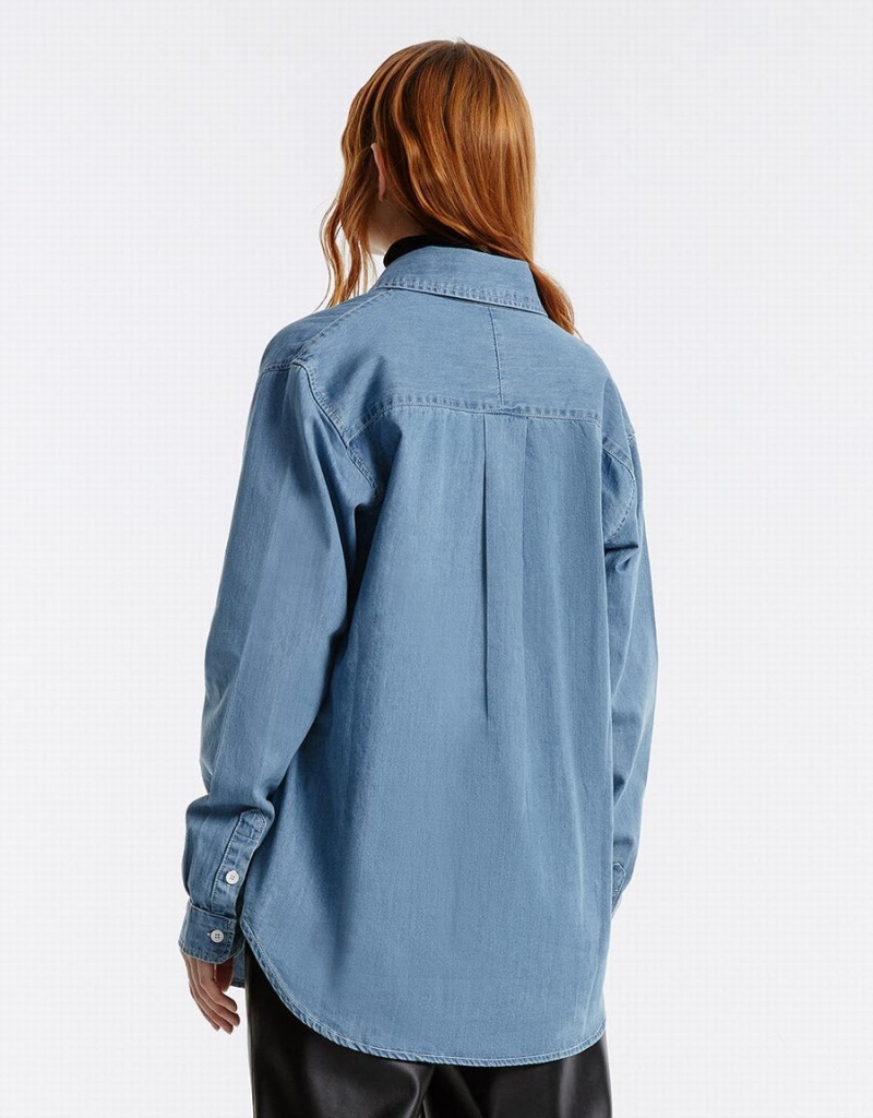 Urban Revivo Button Up Denim Women's Shirts Blue | VWH9148UH