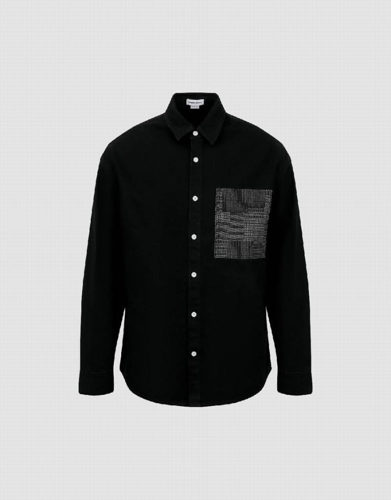 Urban Revivo Button Up Loose Denim Men's Shirts Black | QPS9618SM