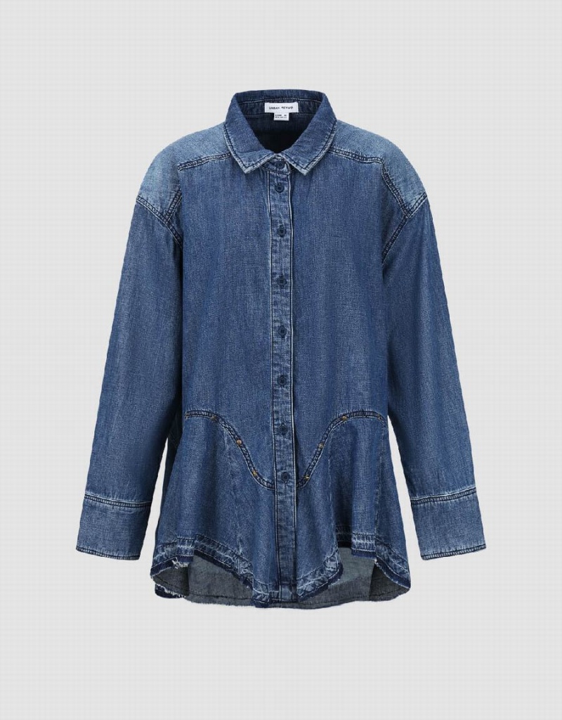 Urban Revivo Button Up Loose Denim Women's Shirts Blue | EYU6511XO