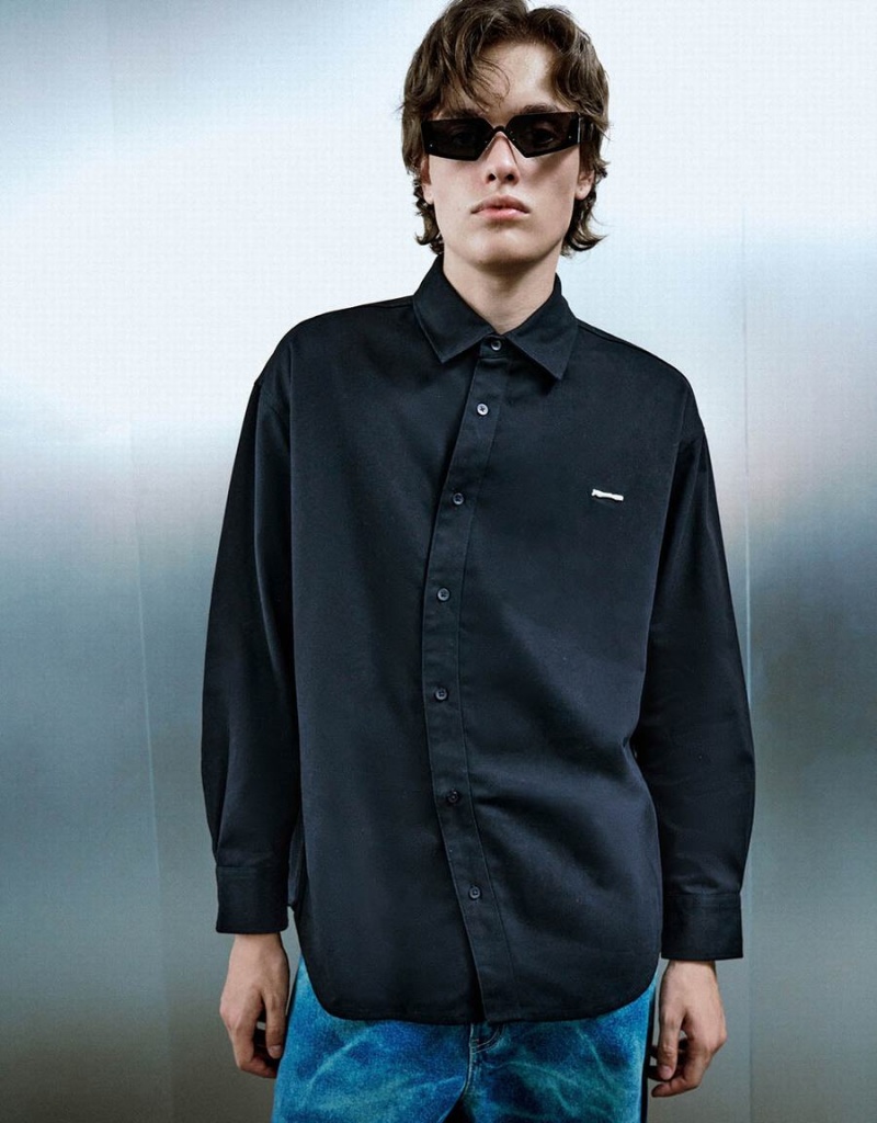 Urban Revivo Button Up Loose Men's Shirts Black | VAA1325AM