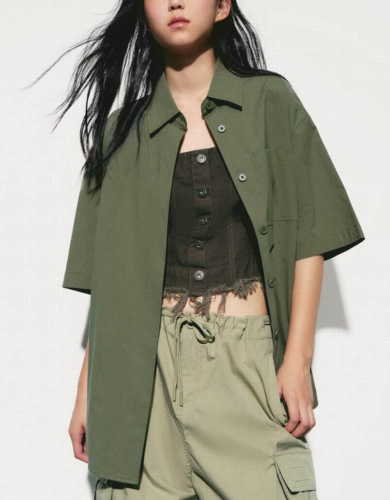 Urban Revivo Button Up Loose Women's Shirts Green | YDF544IG