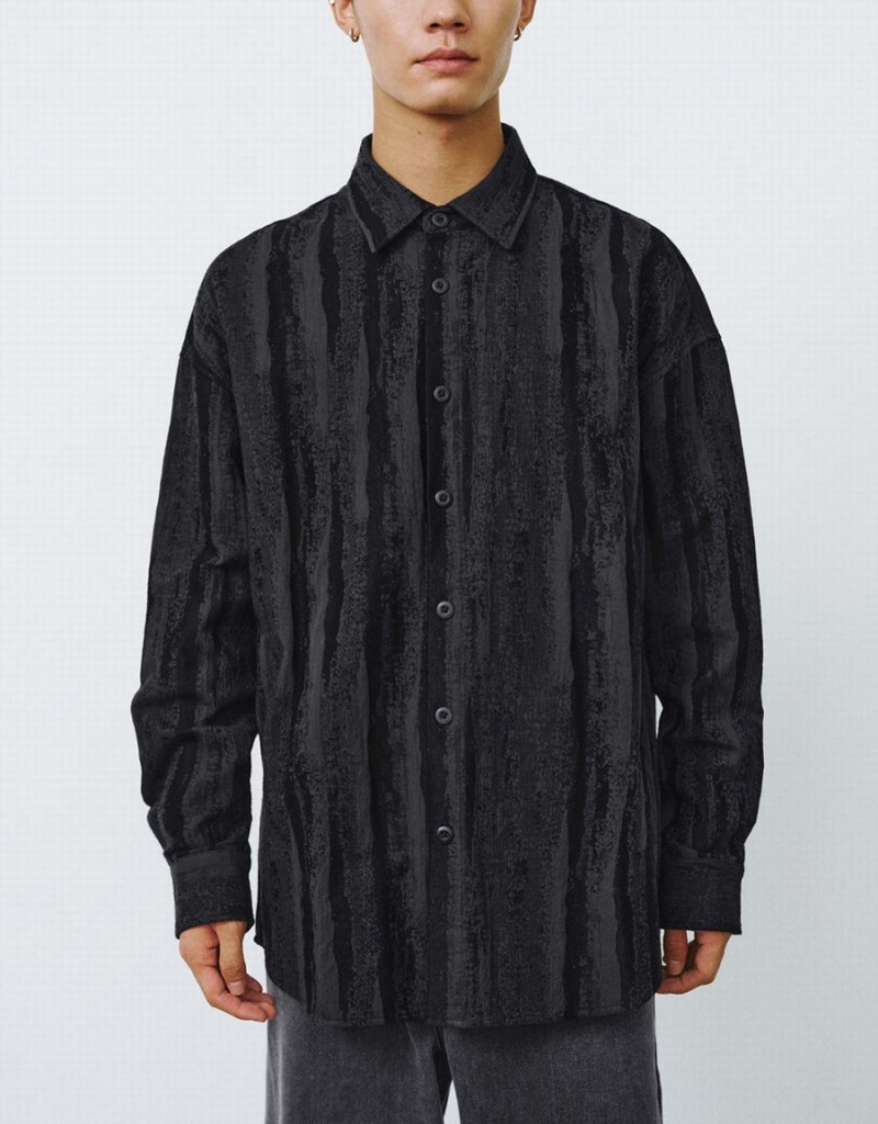 Urban Revivo Button Up Printed Loose Men's Shirts Black | EIR464HR