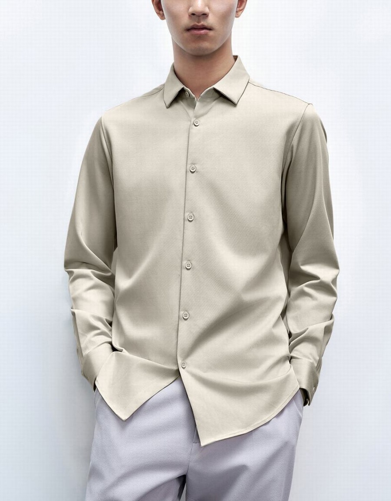 Urban Revivo Button Up Straight Men's Shirts Khaki | EEE4138OR