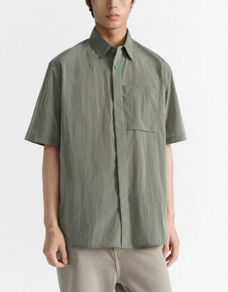 Urban Revivo Button Up Straight Men's Shirts Green | DON3264KX