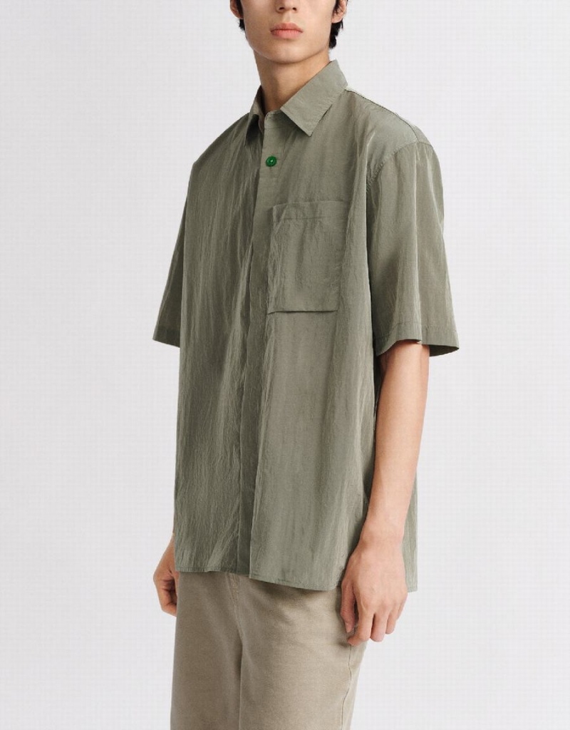 Urban Revivo Button Up Straight Men's Shirts Green | DON3264KX