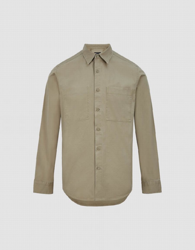 Urban Revivo Button Up Straight Men's Shirts Khaki | SQH3358RB