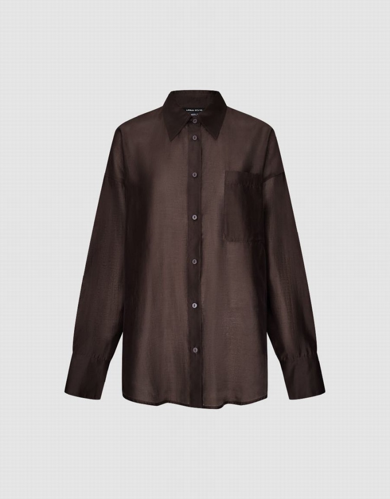 Urban Revivo Button Up Straight Women's Shirts Dark Brown | BJD2513FK