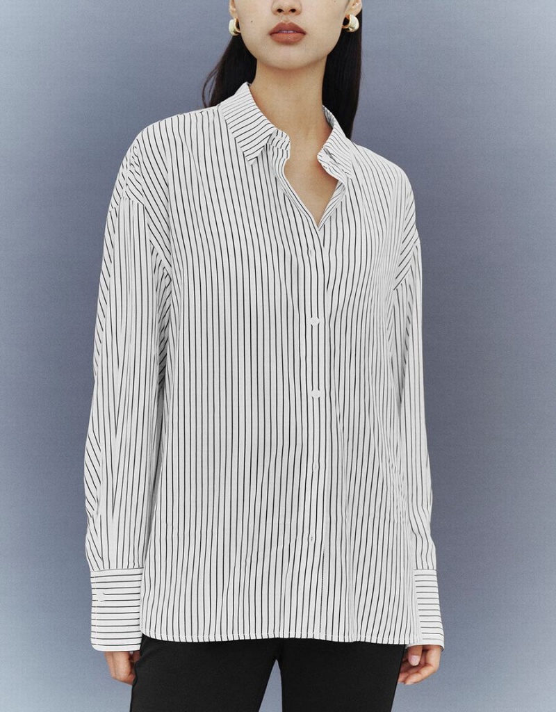 Urban Revivo Button Up Striped Straight Women's Shirts White | CCJ765SC