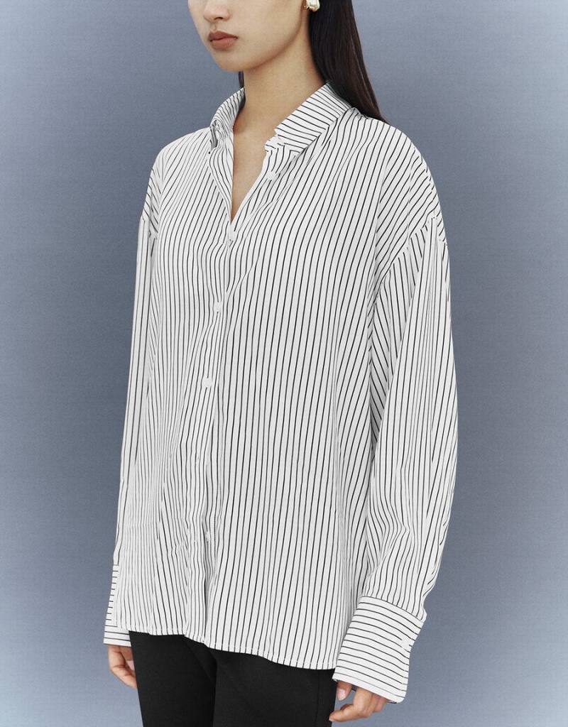 Urban Revivo Button Up Striped Straight Women's Shirts White | CCJ765SC