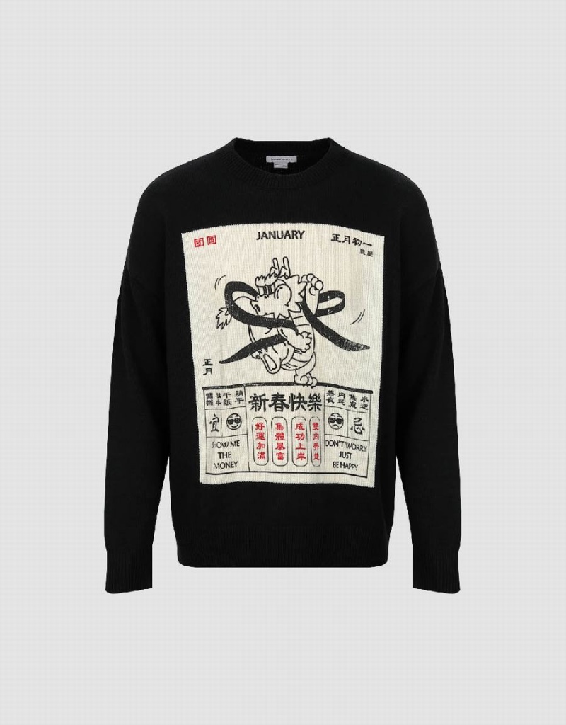 Urban Revivo Calendar Printed Men's Sweaters Black | JAA7315JA